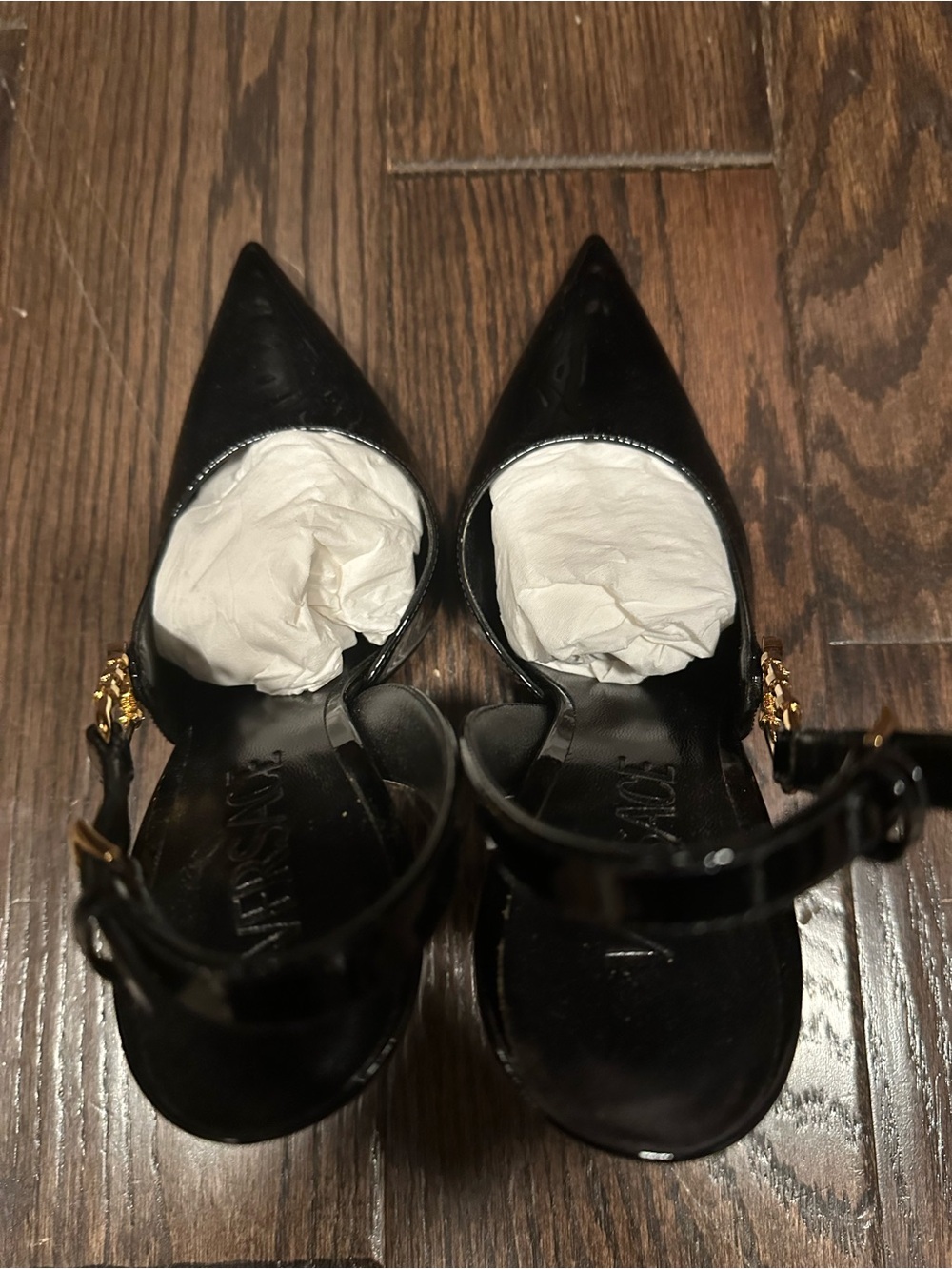 Black Patent Leather Pointed-Toe Slingback Pumps with Gold Accent include box - Picture 6 of 9
